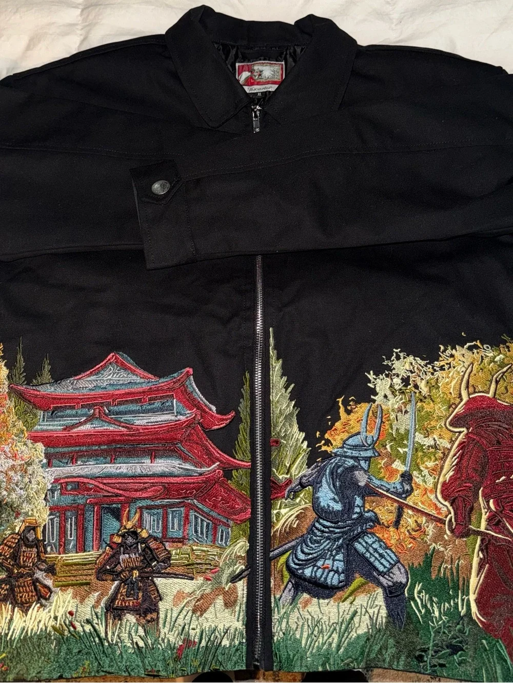 Black Embroidered Samurai Zip Bomber Jacket